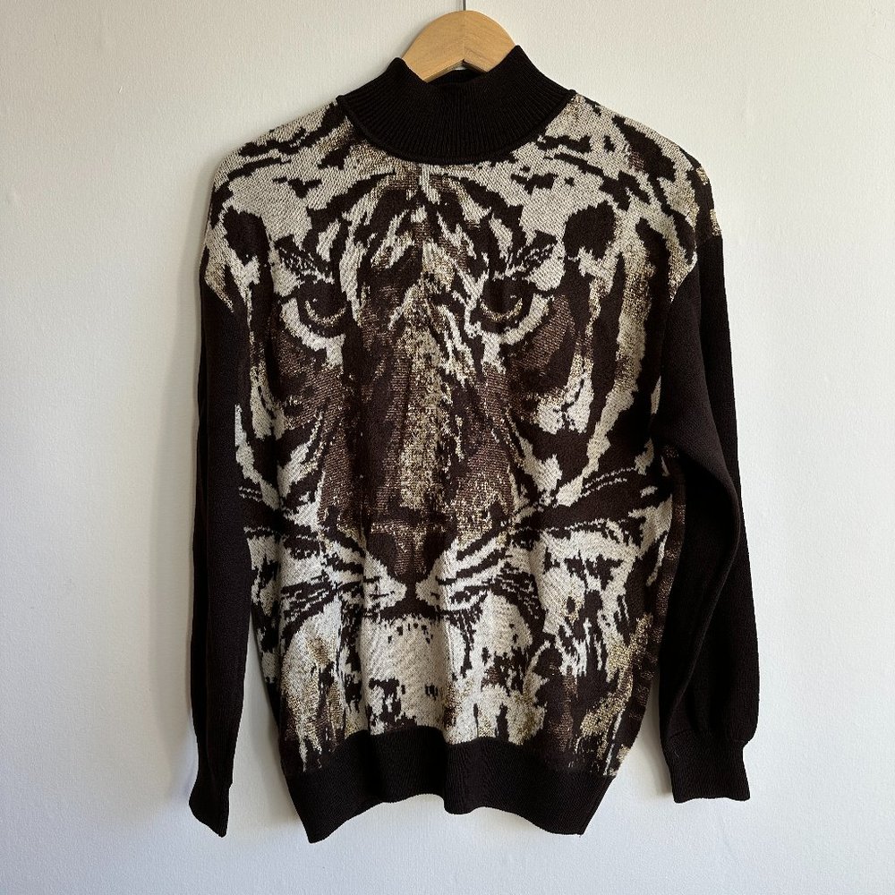 Vintage St. John by Marie Gray Mock Neck Brown Tiger Knit Sweater - Size S